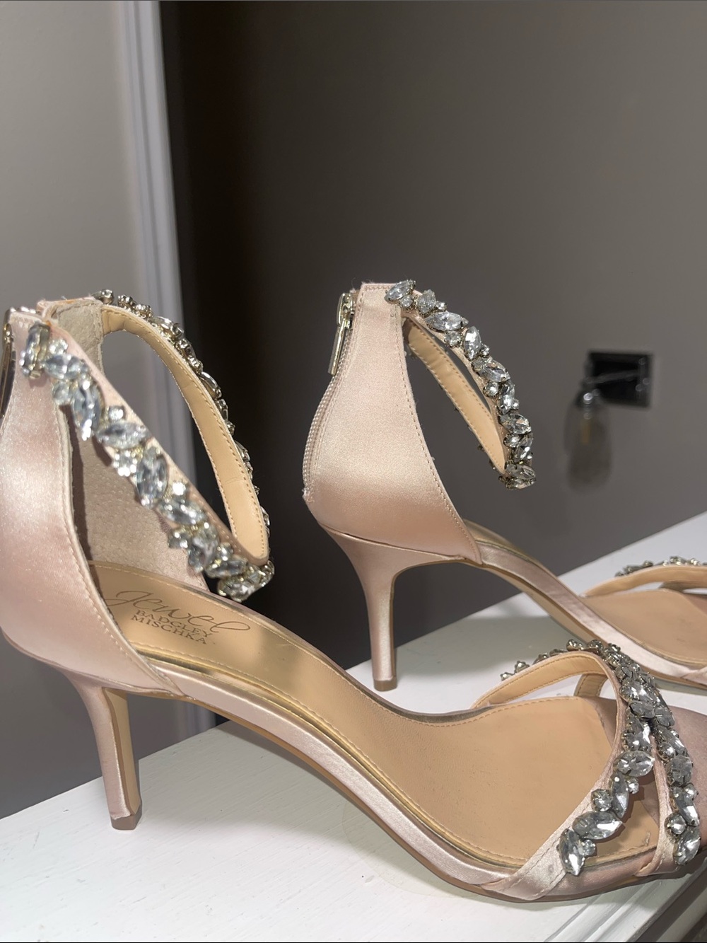 Badgley Mischka Embellished Blush Ankle-Strap Stiletto Heels